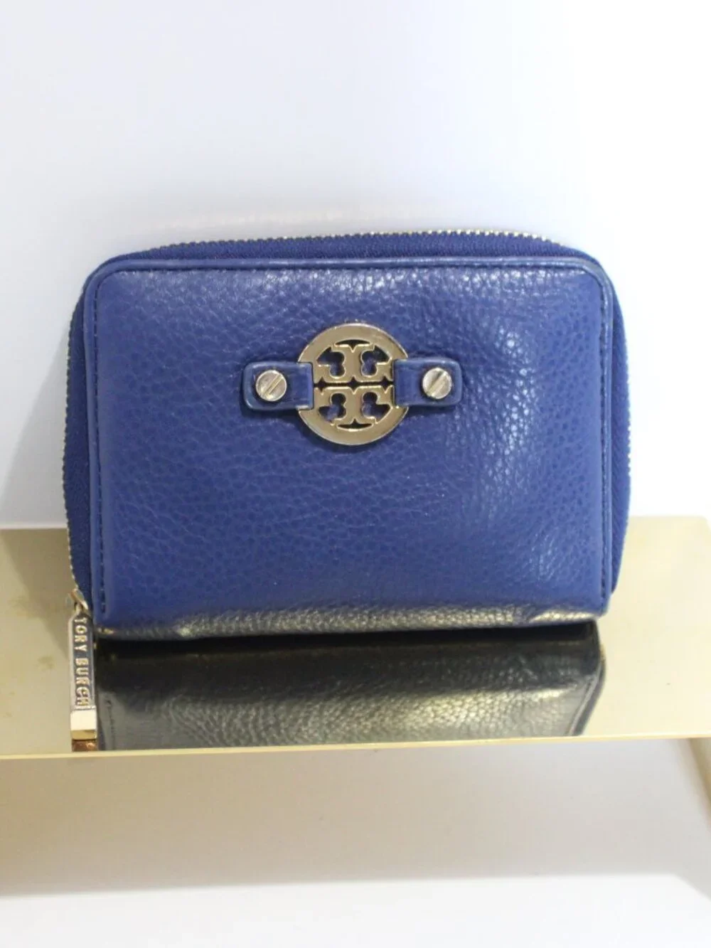 Tory Burch, Blue Pebbled Leather, small Wallet with Gold Hardware